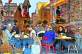 The window of a cafe bar full of people in the central area of Ã¢â¬â¹Ã¢â¬â¹Belgrade with glass reflections of old buildings. Serb Royalty Free Stock Photo